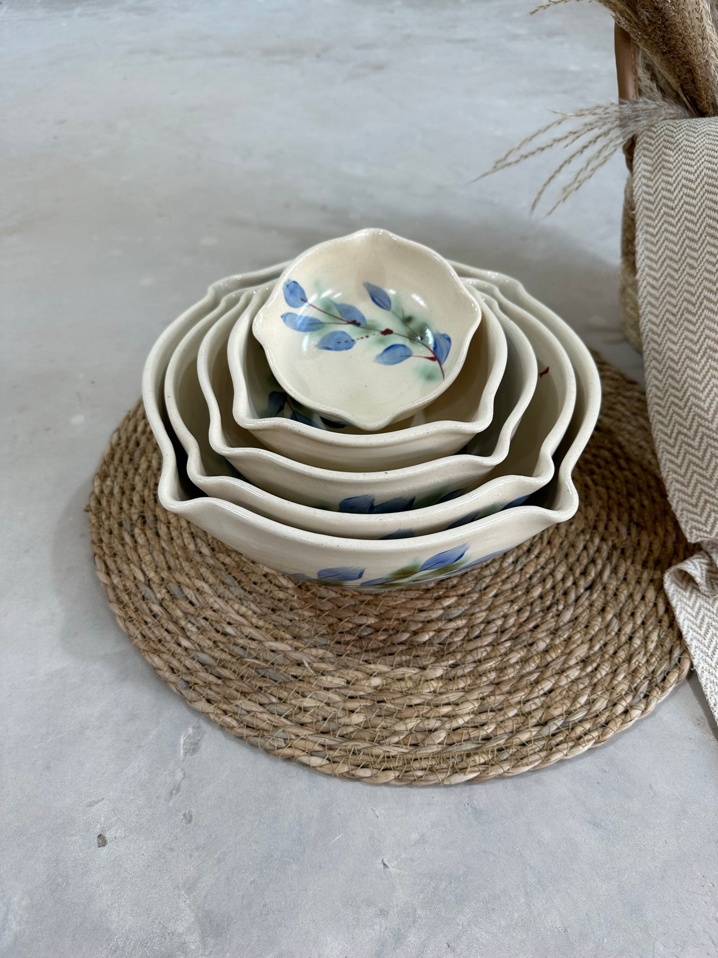 Oasis Tableware Collection - Beige Bowl with blue and green leaves